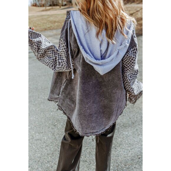 Boho Patchwork Denim Jacket Hoodie | Oversized Aztec Western Shacket L - Picture 2 of 3